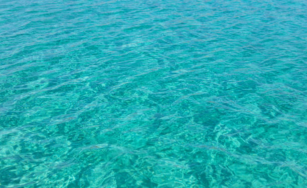 Sea surface turquoise blue color background, some reflections. Calm crystal clear water with small ripples