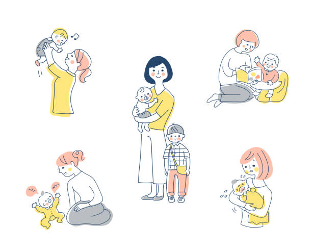 ilustraciones, imágenes clip art, dibujos animados e iconos de stock de bebé y mamá varios conjuntos de escenas - par3