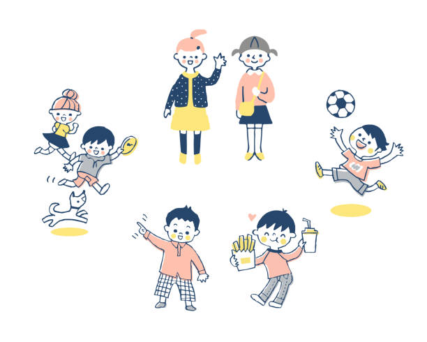 Healthy and energetic children's set Japanse, girl, boy, cute childhood illustrations stock illustrations