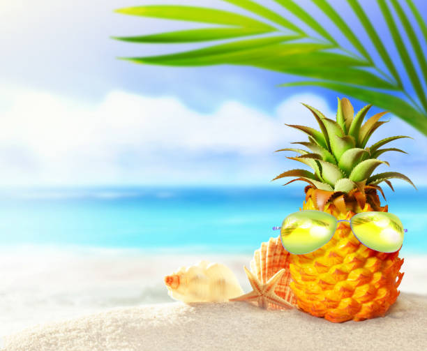 istock Pineapple with sunglasses and palm in the beach. Summer concept. 1324257711