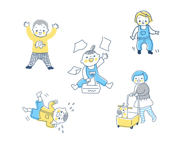 Baby's various pose sets Japanese, boy, girl, cute child misbehaving stock illustrations