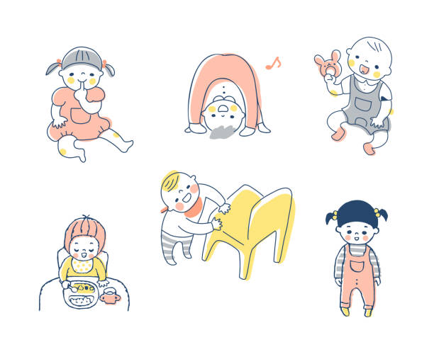 Baby's various pose sets Japanse, children, boy, girl, kids 8 weeks stock illustrations