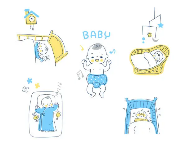 Vector illustration of Various scene sets of sleeping babies