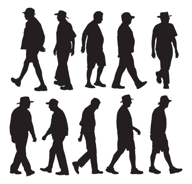 senior men walking silhouettes - senior adult silhouette senior men people stock-grafiken, -clipart, -cartoons und -symbole