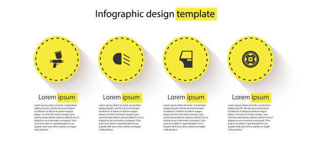 ilustrações, clipart, desenhos animados e ícones de definir pistola spray paint, feixe alto, porta do carro e roda. modelo infográfico de negócios. vetor - car car door dashboard symbol