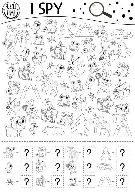 Vector illustration of Forest I spy black and white game for kids. Searching and counting outline activity or coloring page with woodland animals and nature elements. Funny printable worksheet for kids with birds, insects.