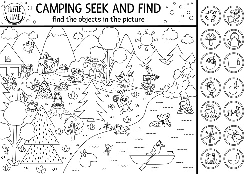 Vector black and white camping searching game or coloring page with cute animals in the forest. Spot hidden objects. Simple seek and find s outline summer camp or woodland printable activity