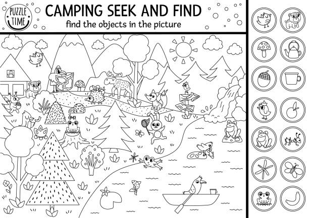 Vector Black And White Camping Searching Game Or Coloring Page With Cute  Animals In The Forest Spot Hidden Objects Simple Seek And Find S Outline  Summer Camp Or Woodland Printable Activity Stock