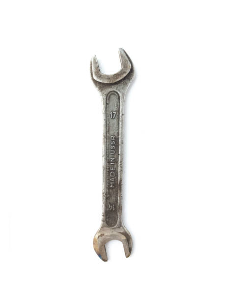 old rusty wrench spanner isolated on white background - work tool rusty old wrench imagens e fotografias de stock