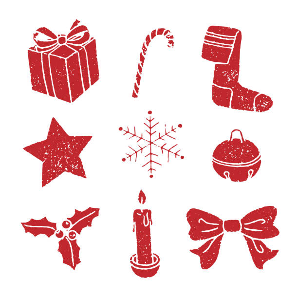 ilustrações de stock, clip art, desenhos animados e ícones de set of christmas stamps - christmas present bow christmas snowflake