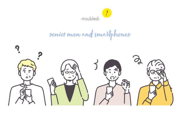 스마트 폰을 사용하여 노인에게 일어나는 문제의 그림.  벡터. - senior adult retirement question mark worried stock illustrations