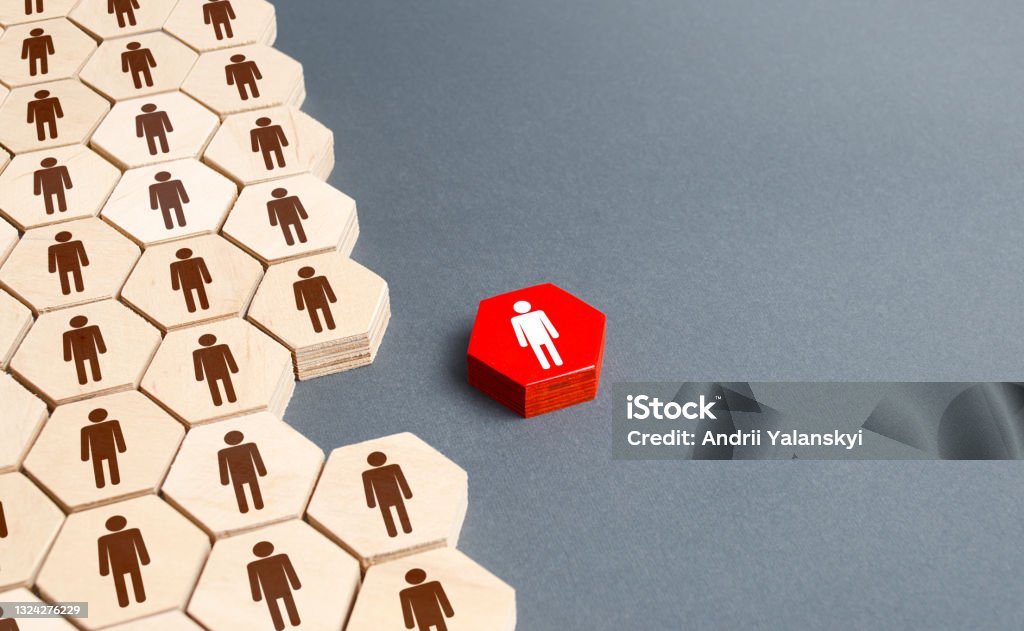 A person outside of the general structure of a people company. Exit the project, dismissal from work. Missing employee. Merging into more. Cooperation and collaboration, teamwork. Strength in unity. Exclusion Stock Photo