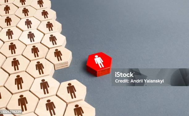 A Person Outside Of The General Structure Of A People Company Exit The Project Dismissal From Work Missing Employee Merging Into More Cooperation And Collaboration Teamwork Strength In Unity Stock Photo - Download Image Now