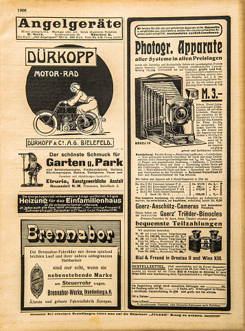 Vintage advertising, old newspaper page. Used paper sheet