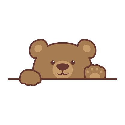 Cute brown bear paws up over wall, panda face cartoon icon, vector illustration