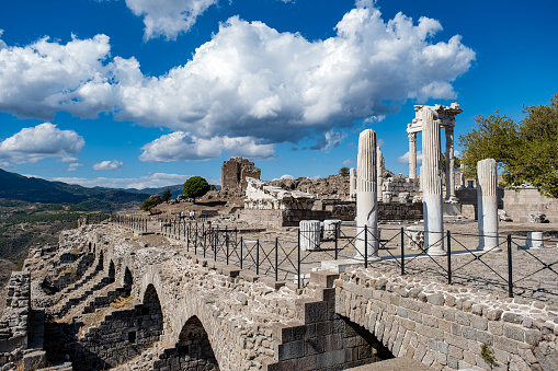Cloud aerial ancient cityscape.Blue sky.Pergamon (Pergamon) Ancient City.M.S. The Temple of Trajan, whose construction was started in the 2nd century in the name of Trajan, but could be completed in the time of Hadrian, as the emperor died before the construction was finished,