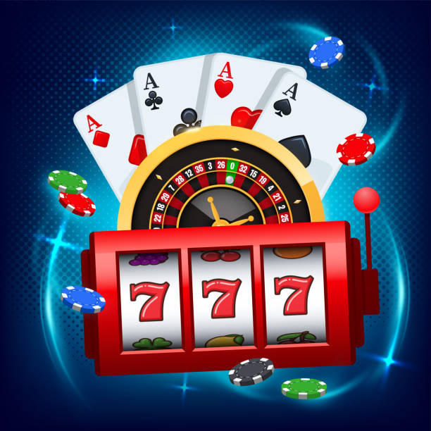 istock Winning slot machine, playing cards and roulette wheel fly casino. 1324292339