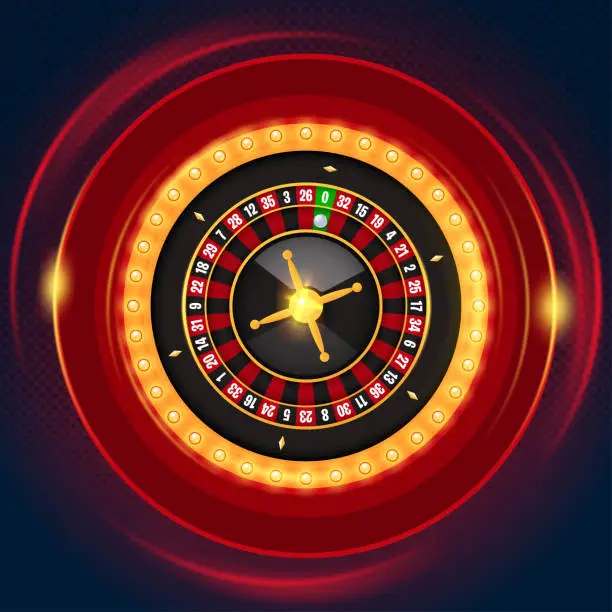 Vector illustration of Single roulette wheel with casino lamp frame on dark background