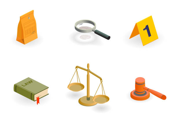 law and justice icons Isometric law and justice icons crime scene investigation stock illustrations