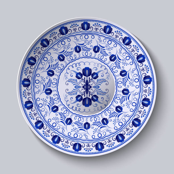 ilustrações, clipart, desenhos animados e ícones de placa de porcelana com ornamento redondo azul em estilo étnico. padrão decorativo no estilo da pintura de flores nacional. decoração floral ornamentada. decoração 3d realista. - plate ceramics pottery isolated