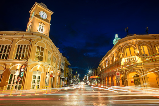 Beautiful building of Sino Portuguese architecture in Phuket Old Town at  twilight, Thailand. It is a Famous tourist attraction