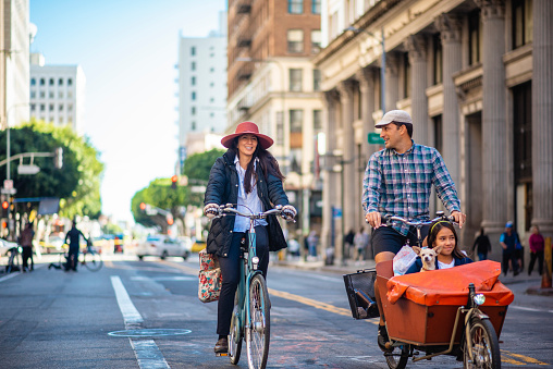 Family Riding Bikes in Downtown Los Angeles Car-Free Zone