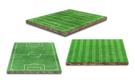 3D Rendering. Green grass soccer field collection isolated on white background. Different perspective