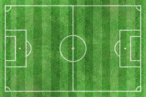 istock Top view stripe grass soccer field. Green lawn with white lines pattern background. 1324309387