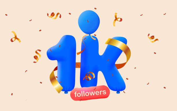 illustrazioni stock, clip art, cartoni animati e icone di tendenza di banner con follower 1k grazie sotto forma di palloncini blu 3d e coriandoli colorati. - mille grazie