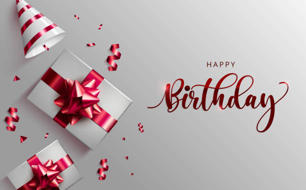 alles gute zum geburtstag vektor-banner-vorlage. alles gute zum geburtstag gruß text mit geschenken, party-hut und konfetti-elemente in weißem hintergrund für geburtstag feier design. - geburtstagsgeschenk stock-grafiken, -clipart, -cartoons und -symbole