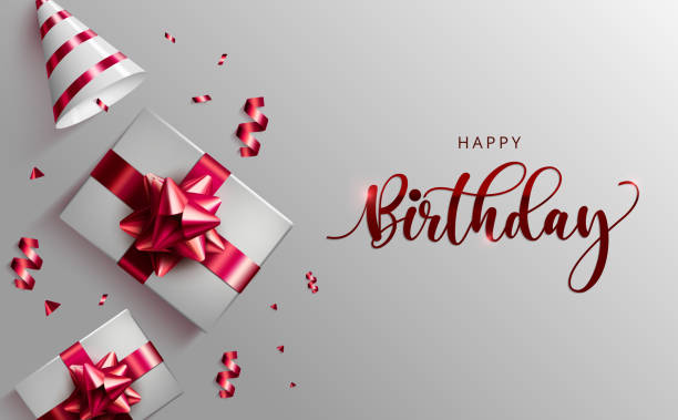 Happy birthday vector banner template. Happy birthday greeting text with gifts, party hat and confetti elements in white background for birth day celebration design. Happy birthday vector banner template. Happy birthday greeting text with gifts, party hat and confetti elements in white background for birth day celebration design. Vector illustration birthday present stock illustrations