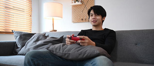 Man playing video games in living room.