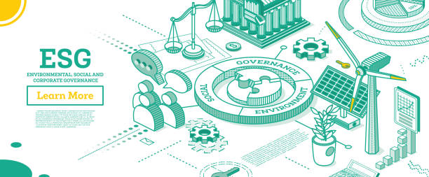 ESG Concept of Environmental, Social and Governance. Vector Illustration. ESG Concept of Environmental, Social and Governance. Vector Illustration. Sustainable Development. Isometric Outline Concept. Green Color. Alternative Energy. Talking People. environmental social corporate governance esg stock illustrations