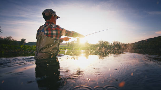 pescador con mosca se para en el agua y lanza la mosca con caña de pescar usando roll cast con muchas salpicaduras - wading fotografías e imágenes de stock