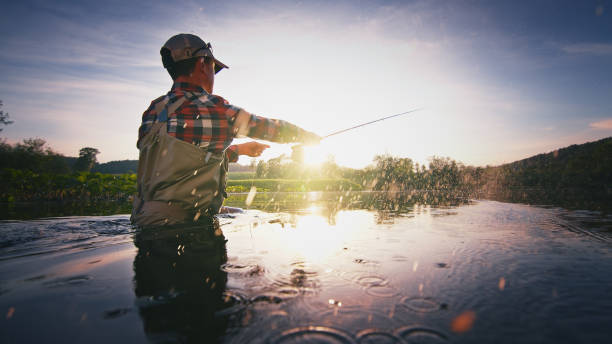 fly fisherman stands in the water and casts the fly with fishing rod using roll cast with lot of splashes - haak apparatuur stockfoto's en -beelden