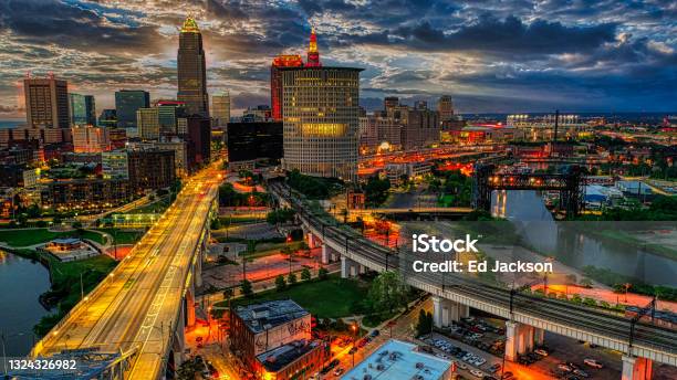 Sunrise Over Cleveland Ohio Stock Photo - Download Image Now - Cleveland - Ohio, Downtown District, Urban Skyline