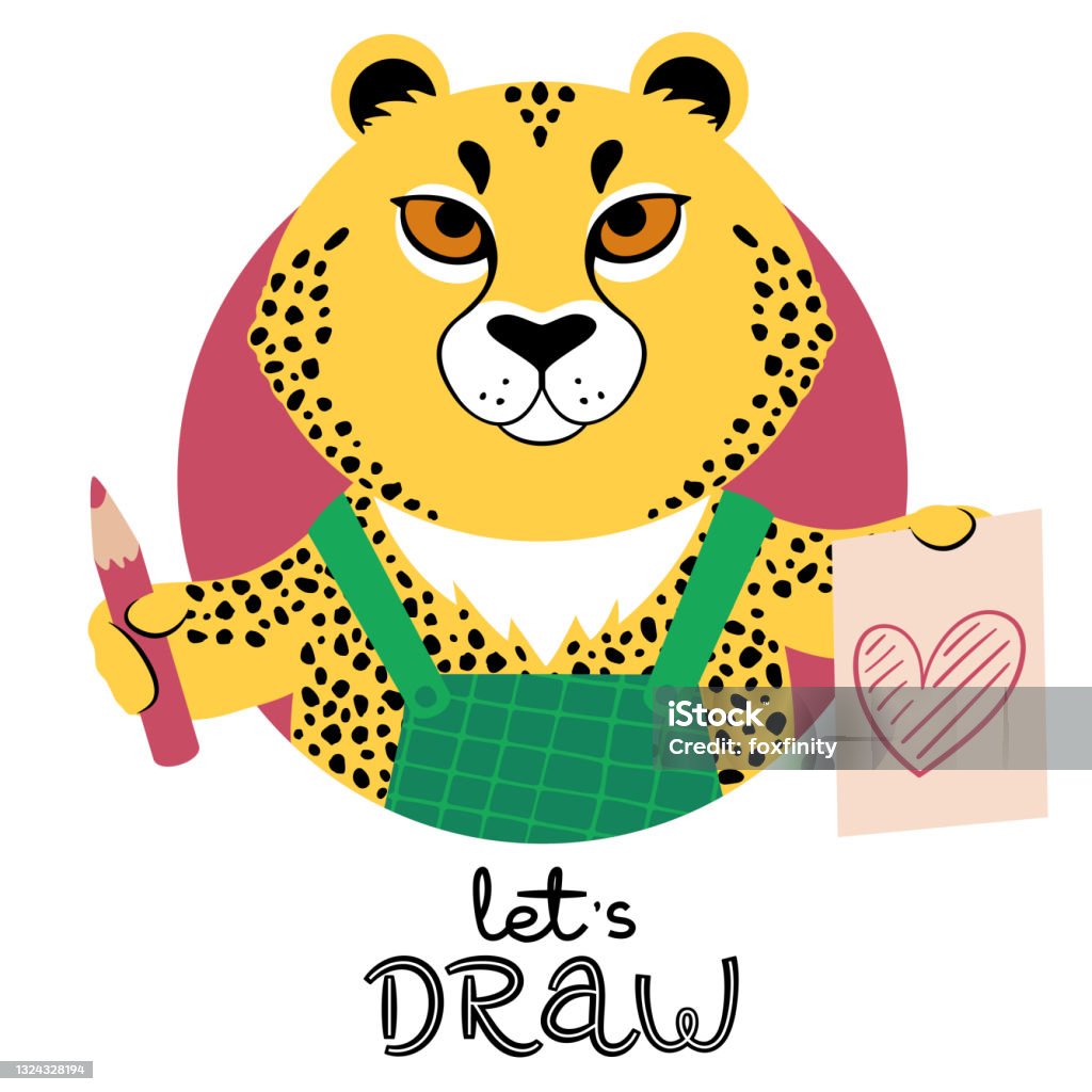 Vector Illustration Of A Cute Cartoon Cheetah With Pencil Sketch Of A Heart  And Slogan Stock Illustration - Download Image Now - iStock