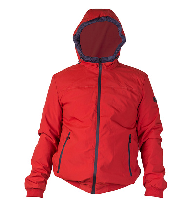 Male red jacket with a zipper with a hood isolated on a white background. Windbreaker jacket. Casual style