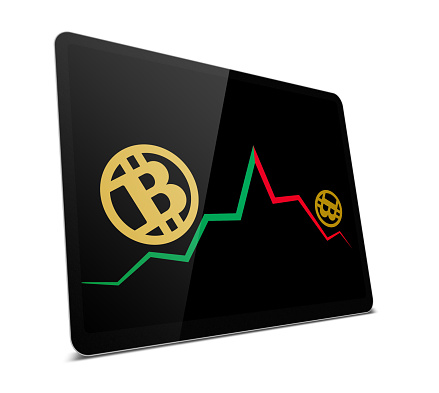 (Clipping path) bitcoin symbol and bar Graph in smart phone isolated