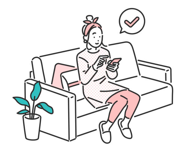 ilustrações, clipart, desenhos animados e ícones de mulheres relaxando em casa, usar smartphone. - no sofá com celular
