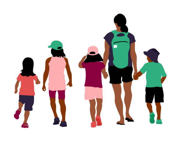 Back To School Flat  Design Green colorful flat design illustration showing kids and a mom walking outside on a summer day. hispanic family stock illustrations