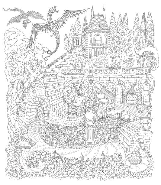 illustrations, cliparts, dessins animés et icônes de paysage fantastique avec des dragons volants. château de conte de fées sur une colline, escalier en pierre, grotte, roses de jardin, lys. imprimé t-shirt noir et blanc. page de livre de coloriage pour adultes. - picture book fairy tale castle dragon