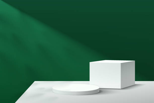 istock White and gray geometric pedestal podium with shadow. Abstract  dark green minimal wall scene. Vector rendering 3d shape for cosmetic product display presentation. Modern platform design. 1324334934