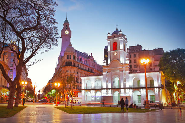 Old Cabildo Town Hall of Buenos Aires Cabildo de Buenos Aires - old colonial town hall at The Plaza de Mayo by twilight buenos aires stock pictures, royalty-free photos & images