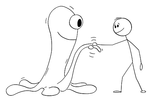 Human scientist or politician handshaking or hand shaking with alien, vector cartoon stick figure or character illustration.