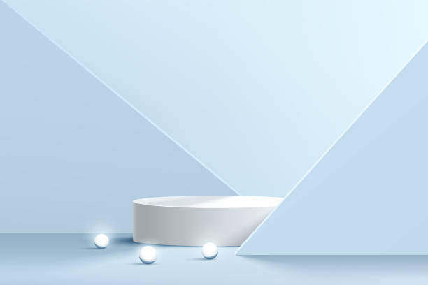 istock Modern white cylinder pedestal podium with glowing neon sphere ball. Abstract pastel blue color minimal wall scene. Geometric triangle backdrop. Vector rendering 3d shape product display presentation. 1324338375