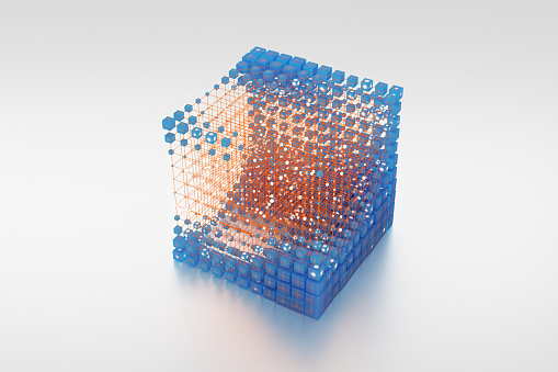 Glowing translucent blue cubes connecting in a light grid with other cubes and forming big net cubic shape, CGI.
