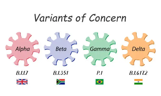 Vector illustration of Vatiants of Concern. Coronavirus icons with WHO variant names from the Greek alphabet: alpha, beta, gamma and delta. Below are scientific labels with the numbers and flags of the countries where they were first found.