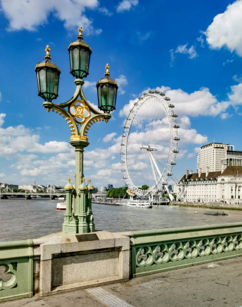 London, UK - September 28,'2019: Landscape of the famous London eye in summers. Boats sailing in the River Thames.