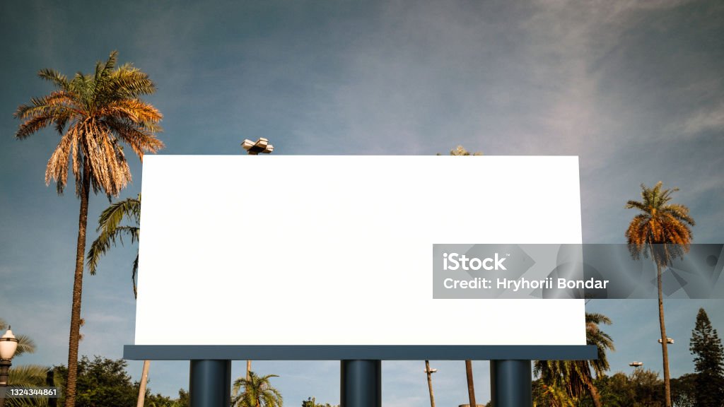 Street billboard 3d mock up Street 2 side billboard with empty posters top view. Advertisement banner mockup on nature background with sky and palm tree. Light box frame for business ads. 3d rendering image Billboard Stock Photo